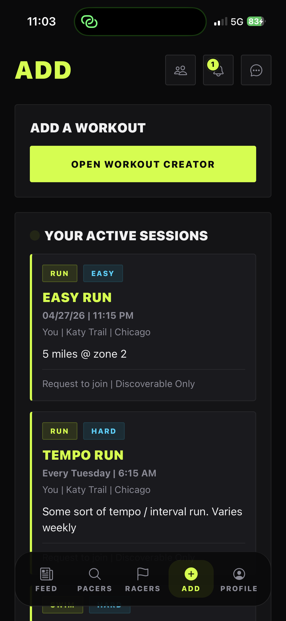 Pacer add workout screen for publishing a training session