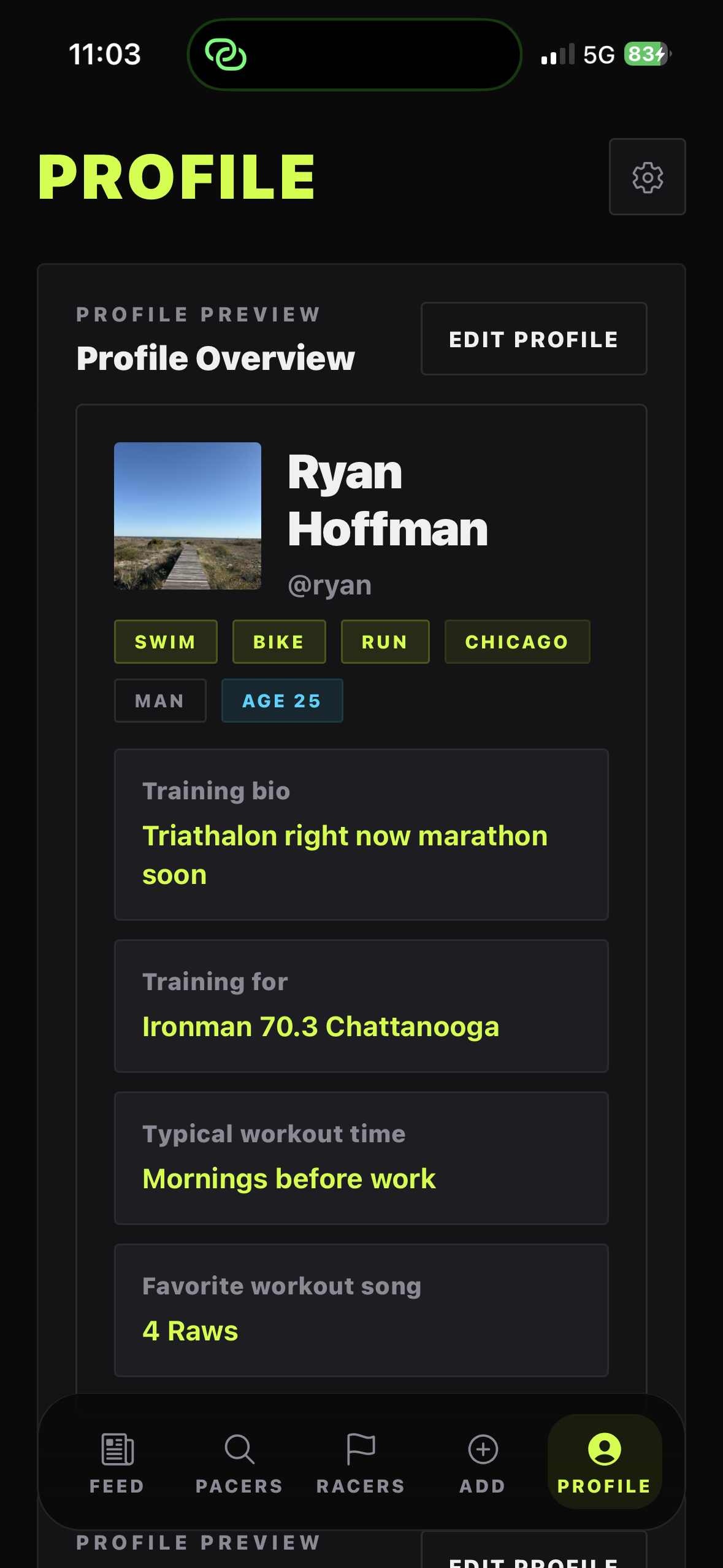 Pacer athlete profile screen with goals and training details