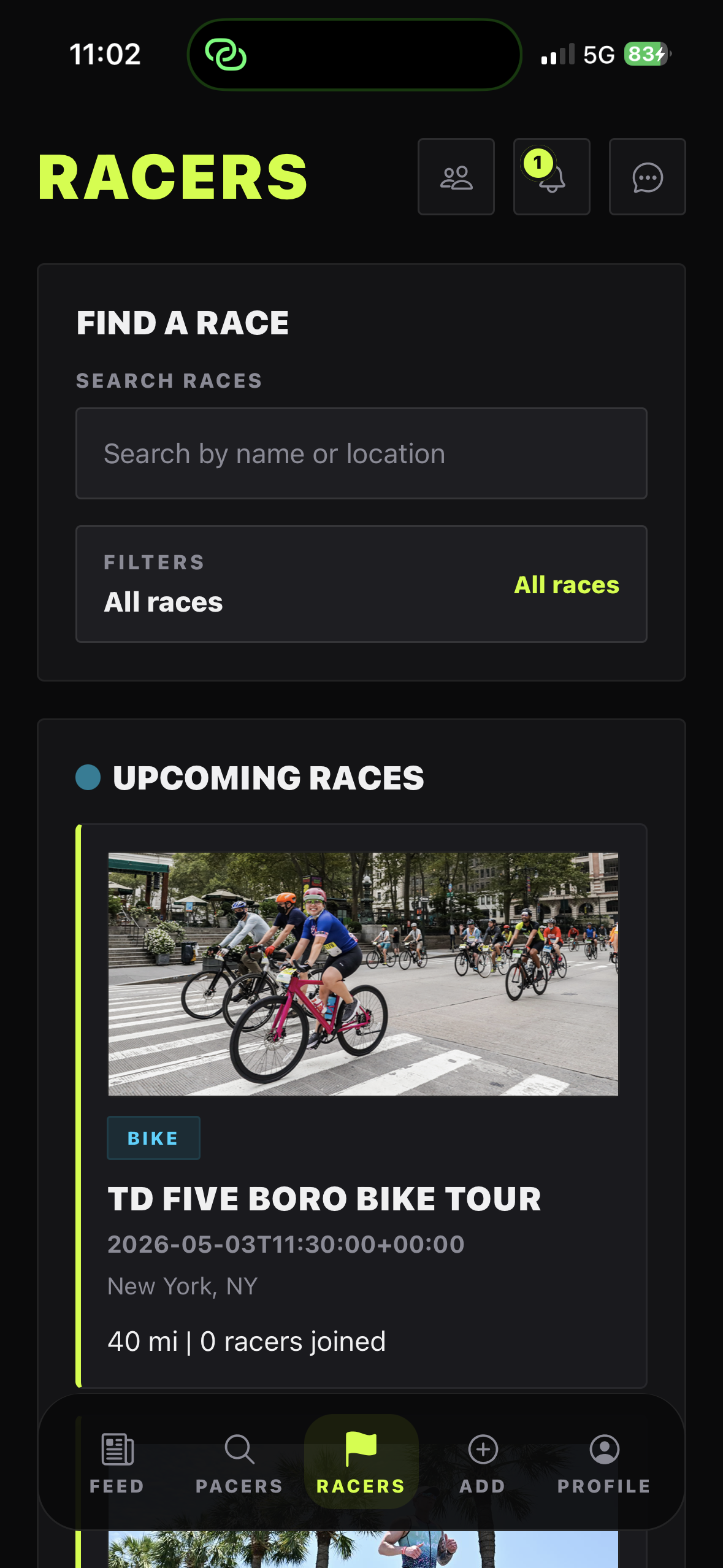 Pacer races screen showing upcoming events and athletes
